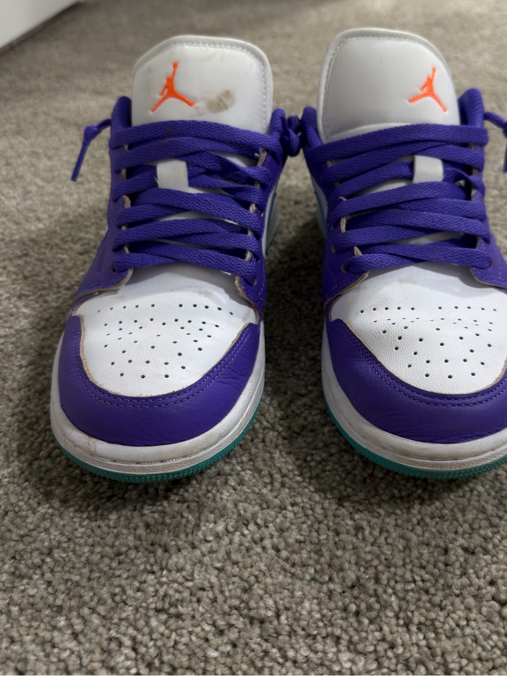 Jordan 1 Low-Top Sneakers in White, Purple & Orange